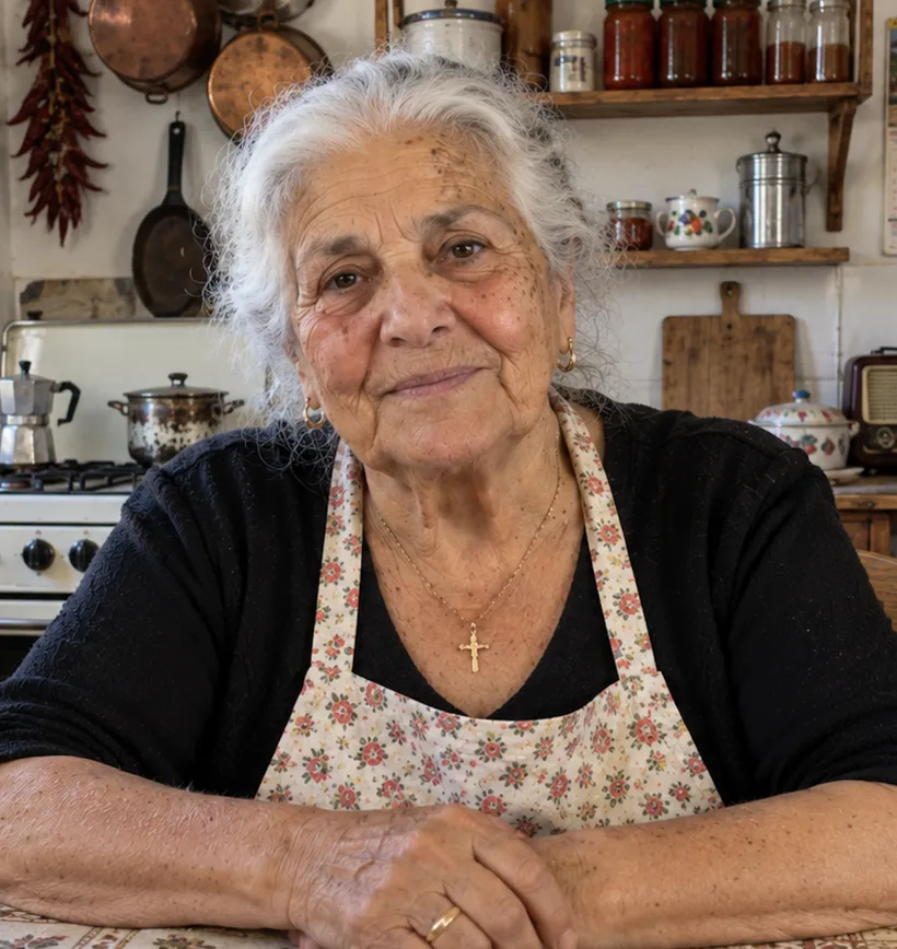 Rosaria Fiore at her kitchen table in Calabria